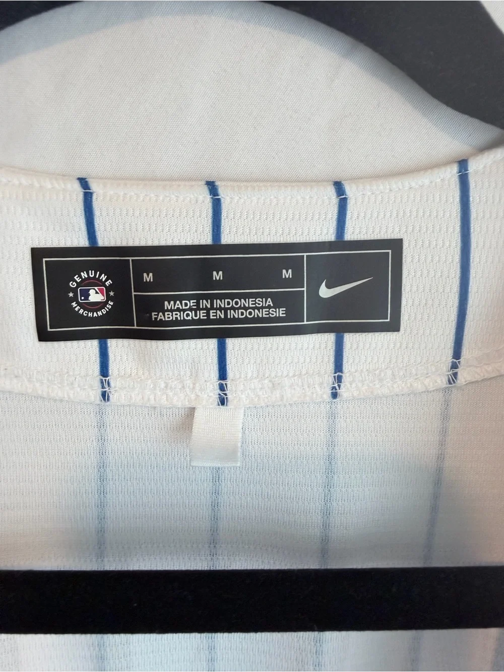 Nike White Pinstripe Baseball Jersey with Blue and Red Accents